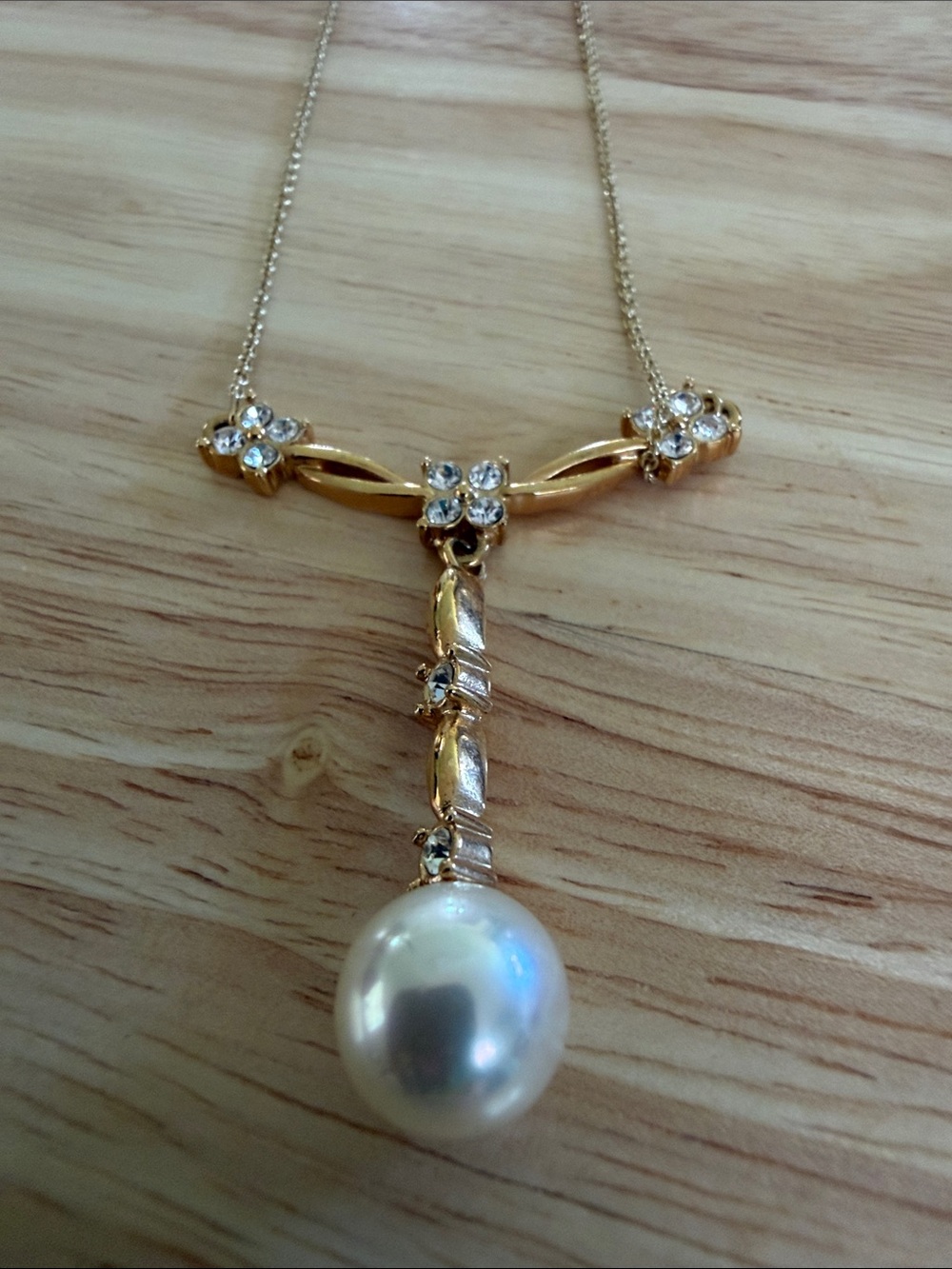 Gold Pearl Drop Necklace with Clear Crystal Accents